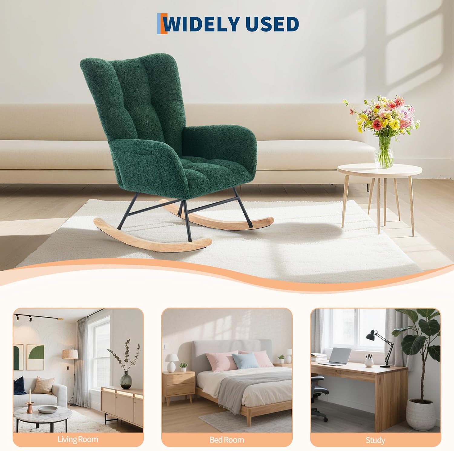 Nursery Rocking Chair,300Lb Glider Chair with Wood Legs/Two Side Pockets,Teddy Upholstered Glider Rocker with Padded Seat High Backrest for Living Room/Bedroom/Nursery