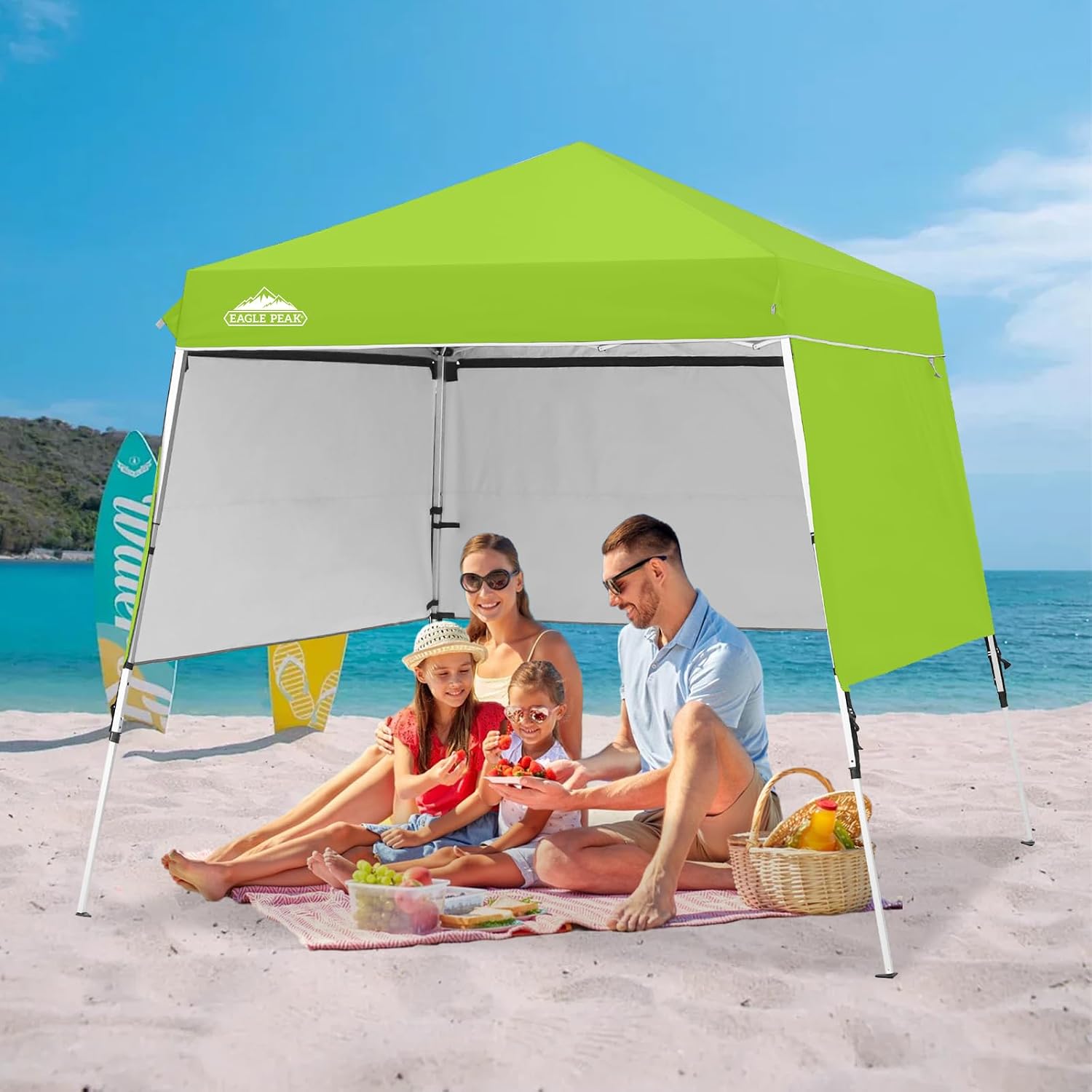 EAGLE PEAK Day Tripper 8x8 Aluminum Super-Lightweight Slant Leg Pop Up Canopy with 3 Removable Walls, Instant Outdoor Backpack Canopy Tent, Outside Beach Folding Sun Shelter, 8x8 Base 6x6 Top, Green
