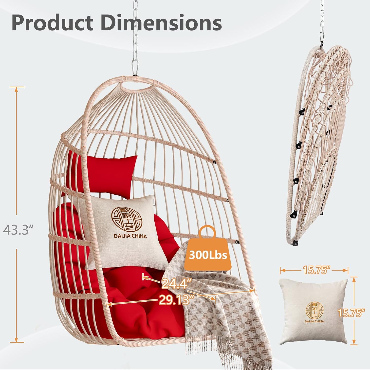 KEIKI Swing Egg Chair Without Stand, Foldable Patio Rattan Wicker Hammock Egg Chair with Cushion, Outdoor Indoor Hanging Basket Chair, 270LBS Capacity for Porch, Garden, Bedroom, Balcony, Red