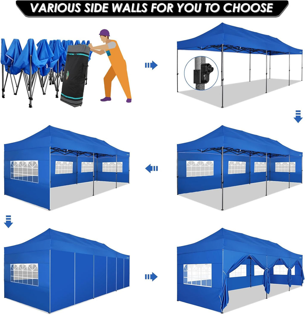 COBIZI 10x30 Heavy Duty Pop up Canopy with 8 sidewalls Stable Wedding Outdoor Tents for Parties Canopy Pop Up Party Tent UPF 50+ Waterproof Commercial Gazebo with Roller Bag, Blue(Windproof Upgraded)