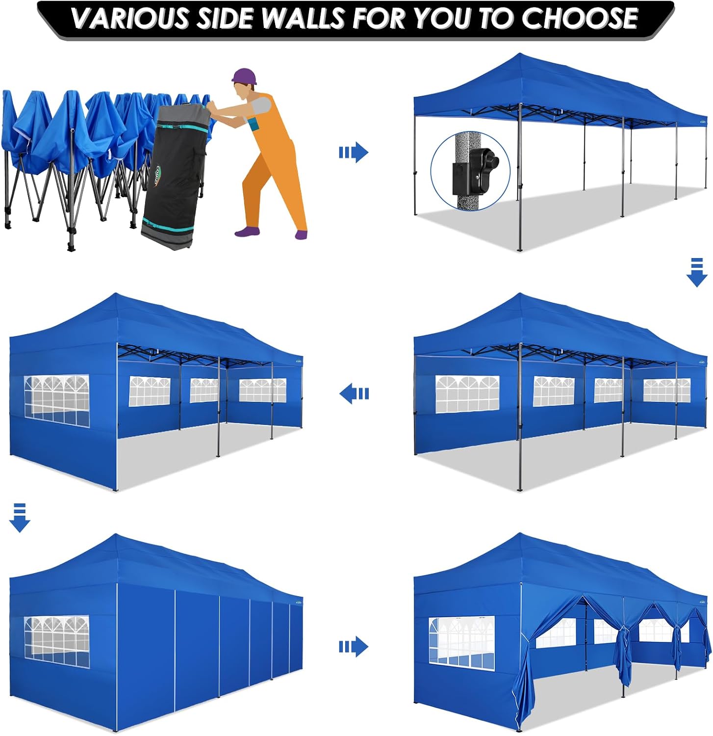 COBIZI 10x30 Pop up Canopy with 8 Removeable Sidewalls, Heavy Duty Party Tents for Parties, Events and Weddings, UPF 50+ Waterproof Commercial Tent with Roller Bag, Blue (Windproof Upgraded)