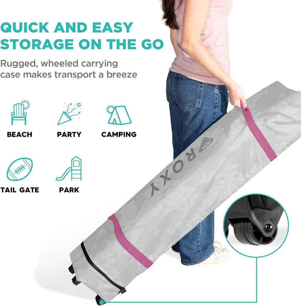 Roxy 10x10 Pop Up Canopy – Outdoor Beach Tent with Easy Up One-Push Setup – Portable Shade Shelter for Beach, Tailgate, Family Trips, RV Camping – Folding Gazebo with Wheeled Bag – Hot Pink/White