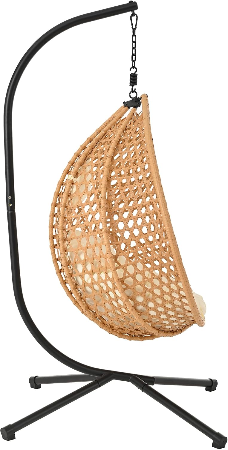 Egg Hanging Chair with Stand, Indoor Outdoor Hammock Egg Chair with Cushion for Patio Bedroom Balconyg Egg Chair (Beige,Brown+Yellow)