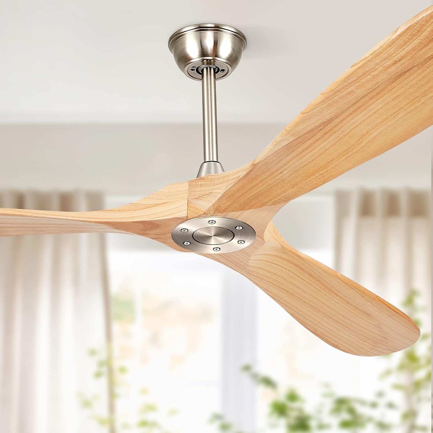 60' Ceiling Fans Without Lights, Wood Ceiling Fan with Remote Control No Light, Outdoor Propeller Ceiling Fan with 3 Blades,Brushed Nickel Outdoor Ceiling Fans for Patios (Nature Wood)