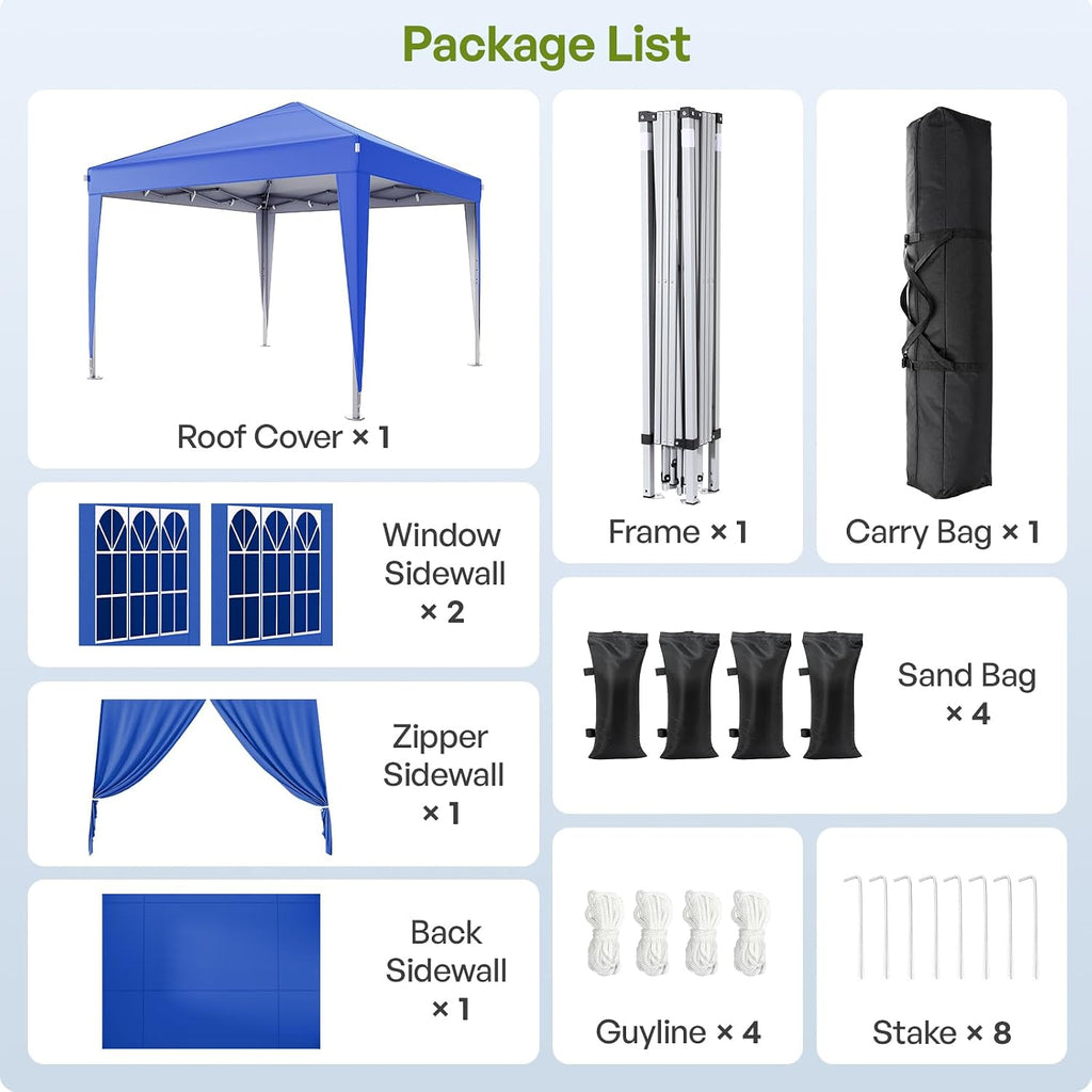 Driftalia 10x10 Pop Up Canopy with Sidewalls, Outdoor Instant Canopy Tent with Carry Bag for Commercial Events, Camping, Backyard Parties - Blue
