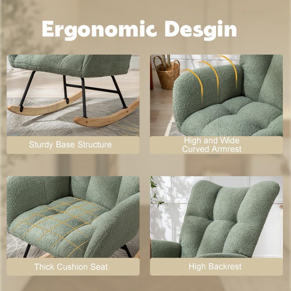 Nursery Rocking Chair Teddy Upholstered Glider Rocker Rocker Accent Chair with High Backrest Armchair Comfy Side Pocket Modern Rocking Accent Chairs for Living Room, Nursery, Office-Green