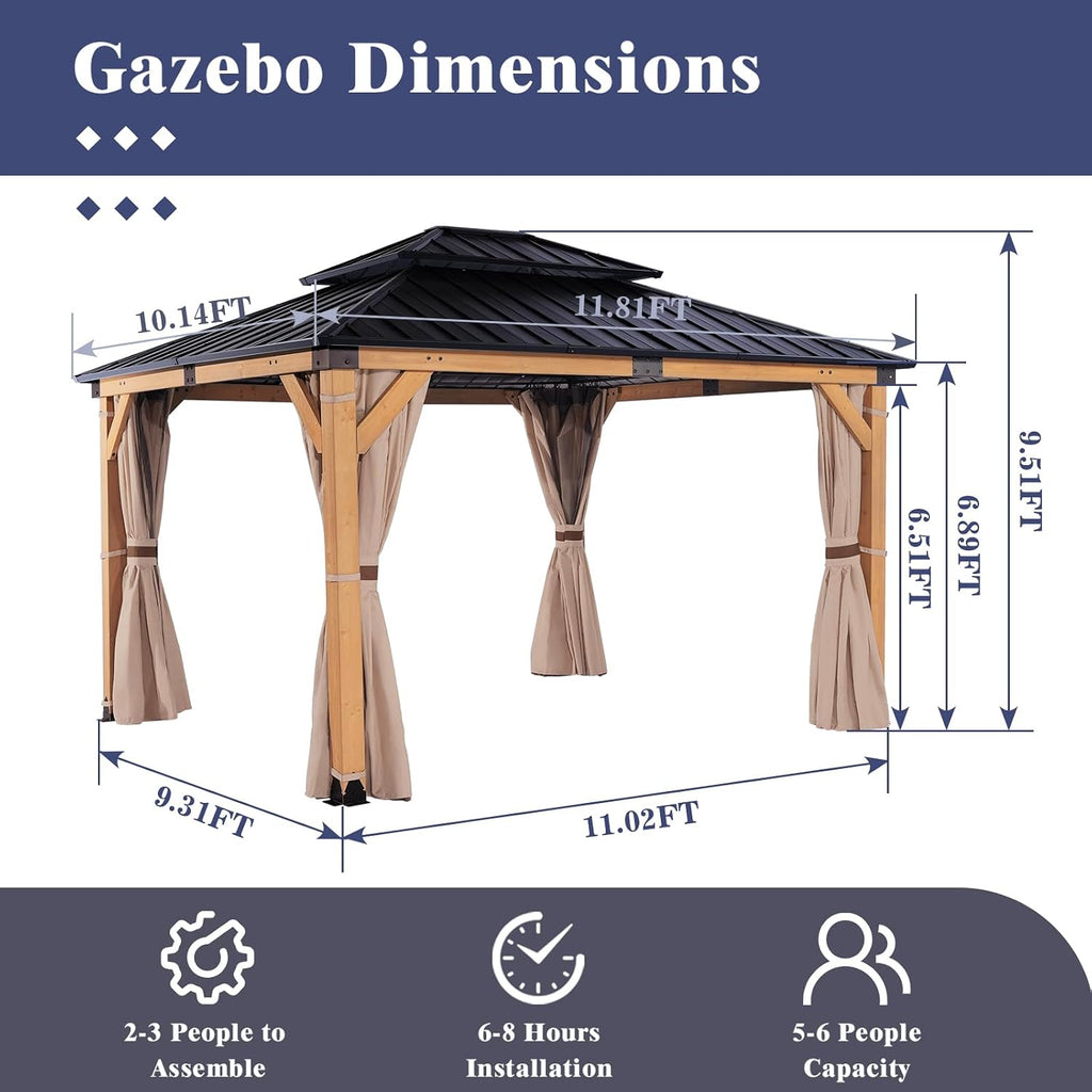 CHARMELEON 10x12 FT Cedar Wood Gazebo,Hardtop Wooden Gazebo with 4.6in Thickened Posts&High Load-Bearing Roof & Waterproof Curtains/High-Density Netting for Outdoor, Patio, Backyard-Natural