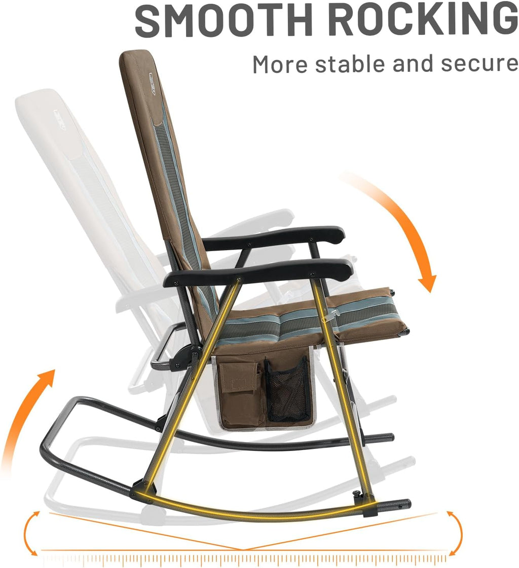 TIMBER RIDGE Outdoor Folding Rocking Chair, 29' Padded High Back Neck & Back Support, Hard Armrests for Easy Stand Up, Stable Steel Frame Supports 300 lb, Quick Fold for Patio, Lawn & RV Camping,Brown