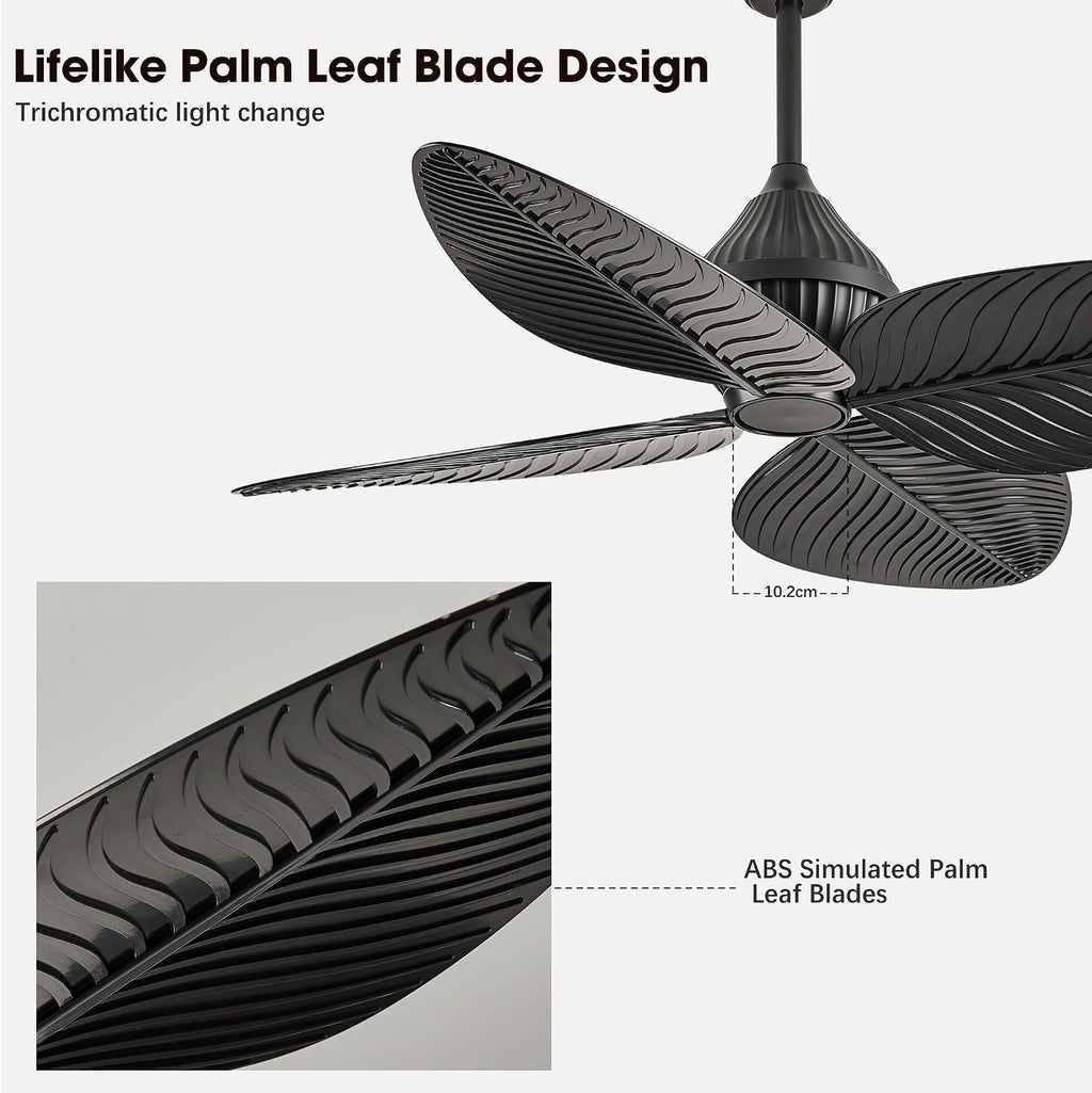 52' Black Tropical Ceiling Fans, Flush Mount Palm Leaf Ceiling Fan no Light, Indoor Ceiling Fans Without Light for Living Room Bedroom Kitchen Covered Gazebo, APP and Remote Control