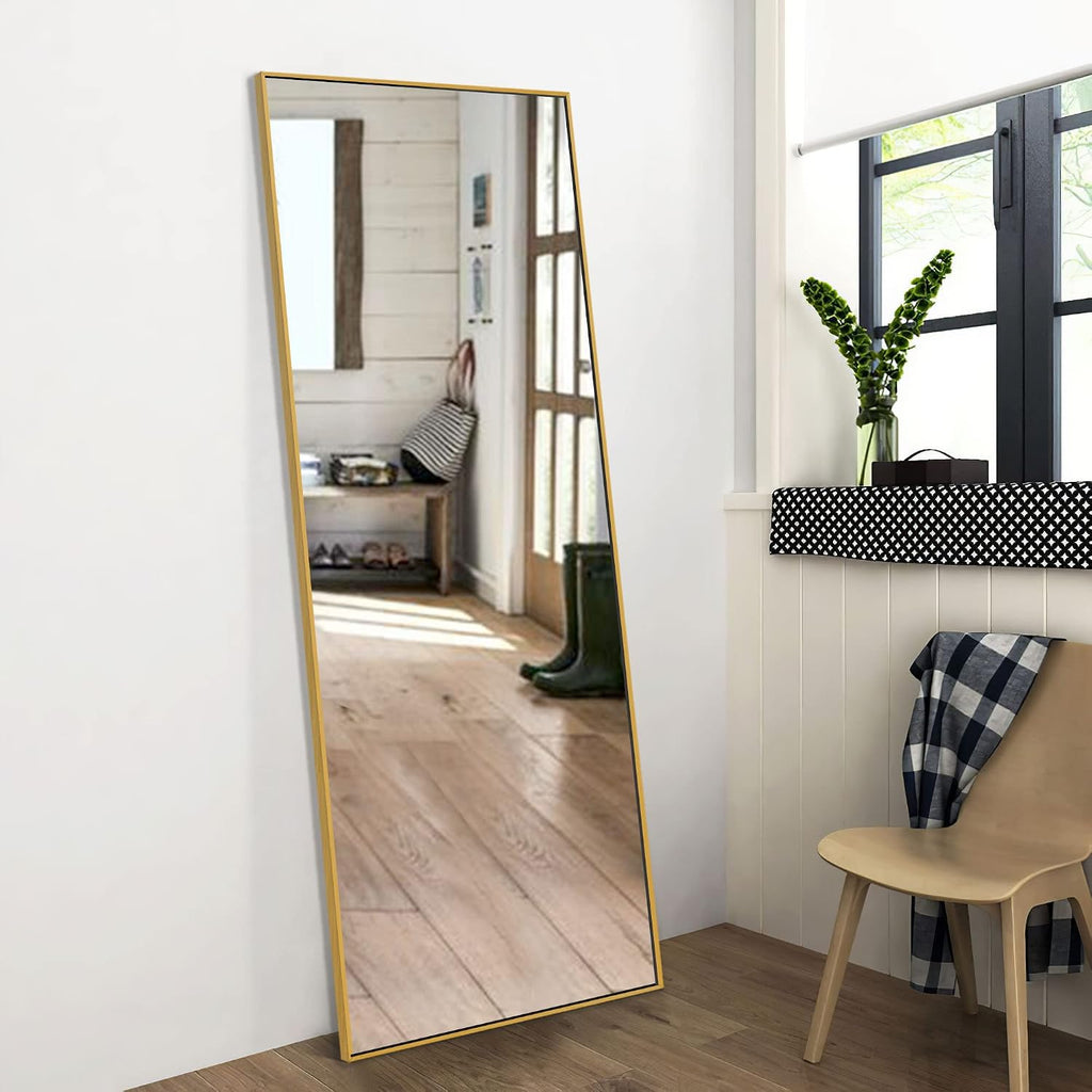NeuType Full Length Mirror, 64'x21' Body Mirror with Stand Floor Standing Wall-Mounted Hanging or Leaning Against Wall Aluminum Alloy Thin Frame (Gold)