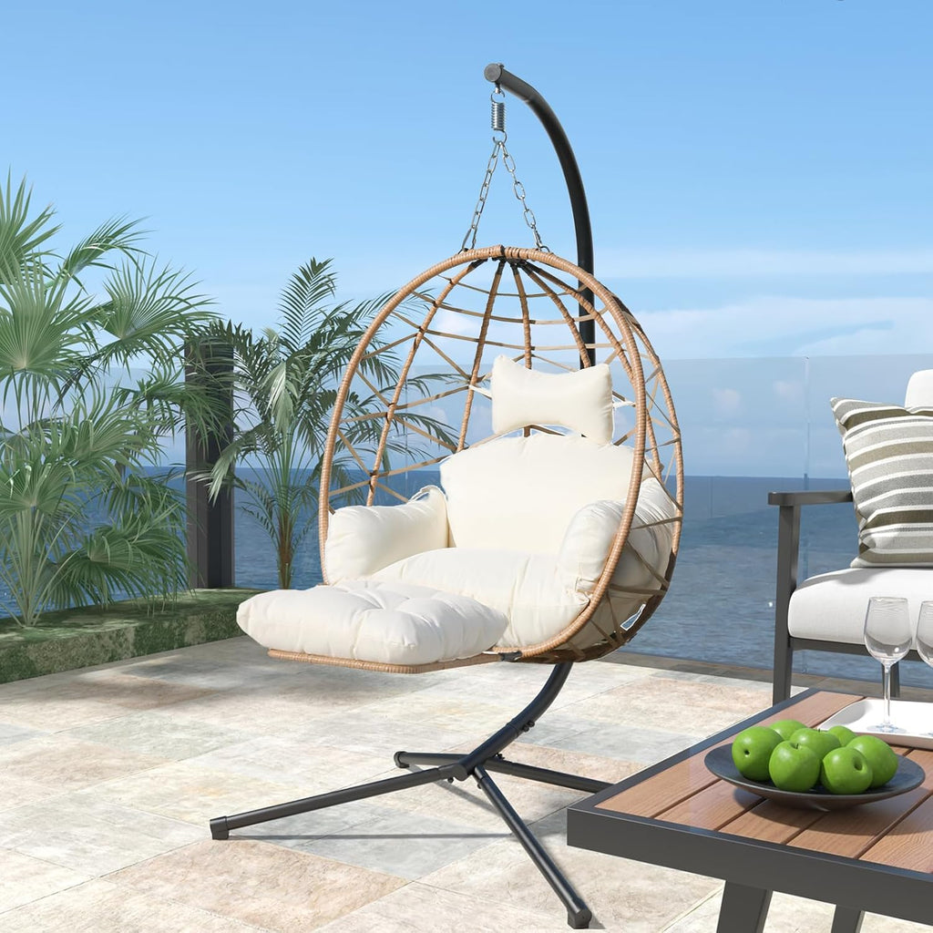 Hanging Egg Chair with Leg Stand, Indoor/Outdoor Swing Egg Chair Hammock Basket Seat Chair with Cushion for Porch Balcony Garden Patio (Ribbon+Rattan, Yellow+White)