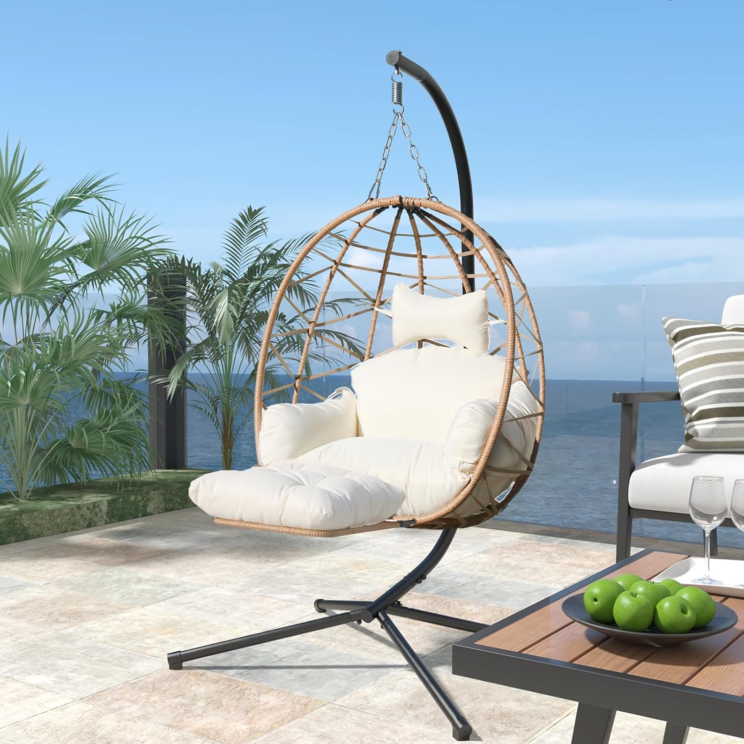 Hanging Egg Chair with Leg Stand, Indoor/Outdoor Swing Egg Chair Hammock Basket Seat Chair with Cushion for Porch Balcony Garden Patio (Ribbon+Rattan, Yellow+White)