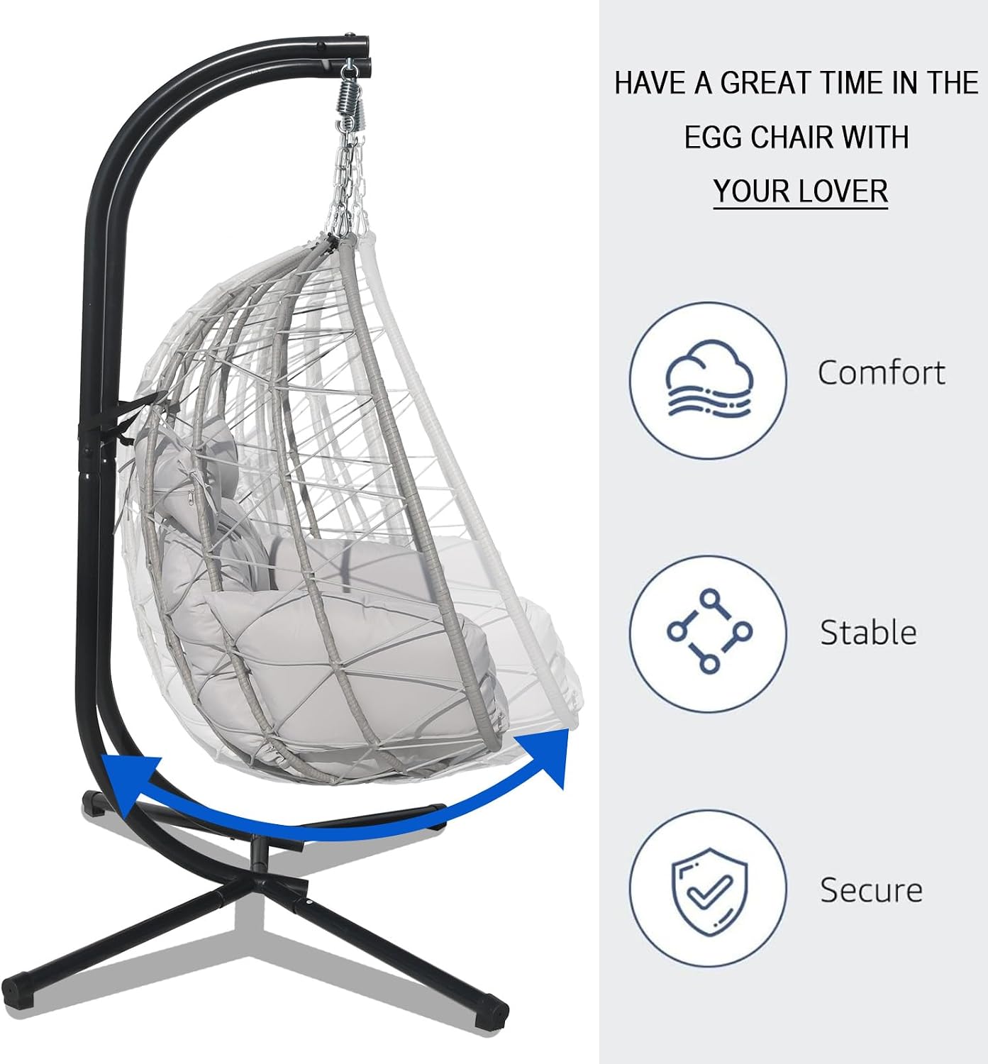 Double Egg Chair Outdoor, 2 Person Hanging Egg Chair with Stand, Patio Wicker Egg Swing Chair for Garden, Backyard, Balcony, 600Lbs Heavy Duty, Grey