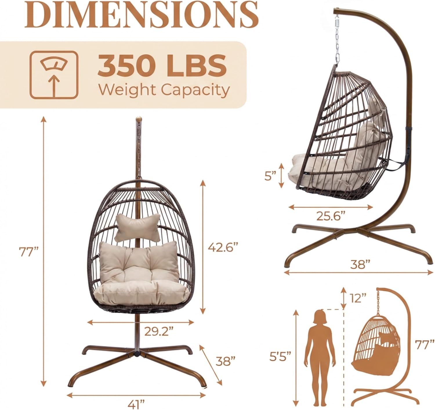 RADIATA Indoor Outdoor Hanging Egg Chair with Stand and Cover, 350Lbs Foldable Rattan Swing Hammock with Padded Cushion, Free-Standing Single Eggshell Basket Seat for Patio Balcony Bedroom, Brown