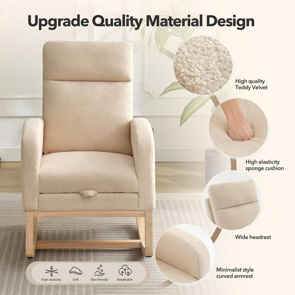 Rocking Chair Nursery Chairs with Foot Rest, Recliner Armchair with High Backrest& Wood Legs and Side Pocket for Living Room,Bedroom,Beige