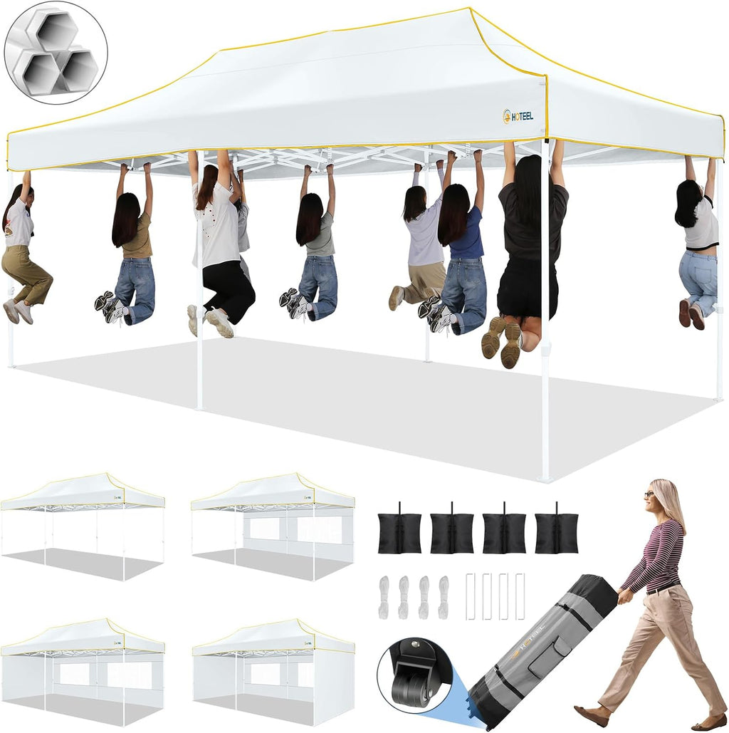 HOTEEL 10x20 Heavy Duty Pop Up Canopy Tent with 4 Sidewalls, Easy Setup Tent for Parties, Outdoor Commercial Instant Gazebo for Wedding Event, with Roller Bag & Sand Bags, White(Hexagonal Frame)