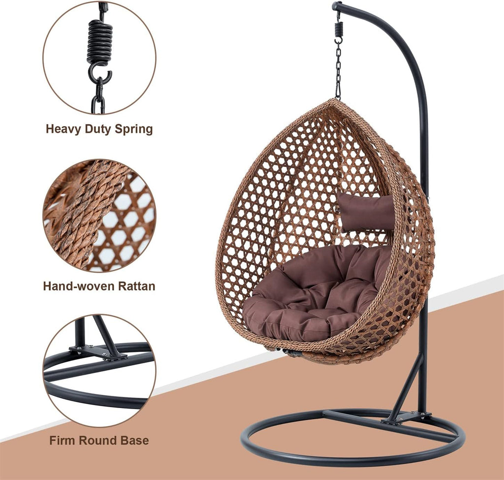 LKTART Egg Swing Chair with Stand Rattan Hanging Egg Chair with Cushions and Pillow Relaxing Chair Foldable Basket & Metal Stand Indoors or Outside 2-btrown
