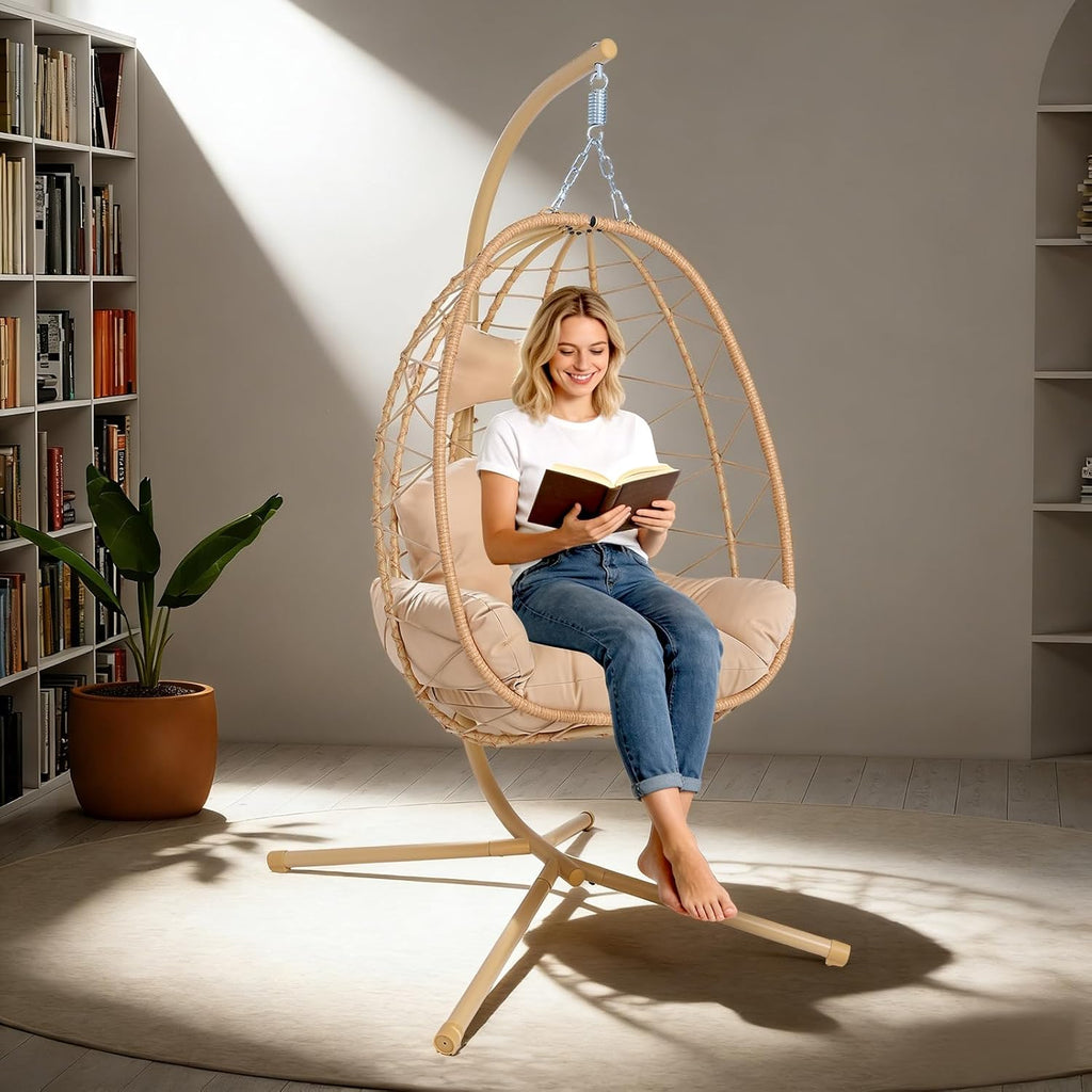 Egg Chair with Stand, Wicker Hanging Chair for Outdoor Patio, Cushioned Hammock Swing for Bedroom Garden Indoor/Outdoor, Double-Zipper Structure Hanging Egg Chair (Yellow and Beige)