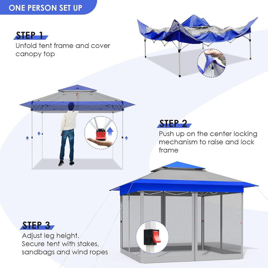 MAMIZO 13ft Pop Up Gazebo, Outdoor Instant Canopy Tent w/4 Netting Sidewall & Auto Extending Eave, Patio Gazebos Shelter w/Mesh Wall, Center Lock, Wheeled Bag for Garden, Yard (Blue, 13X13FT)