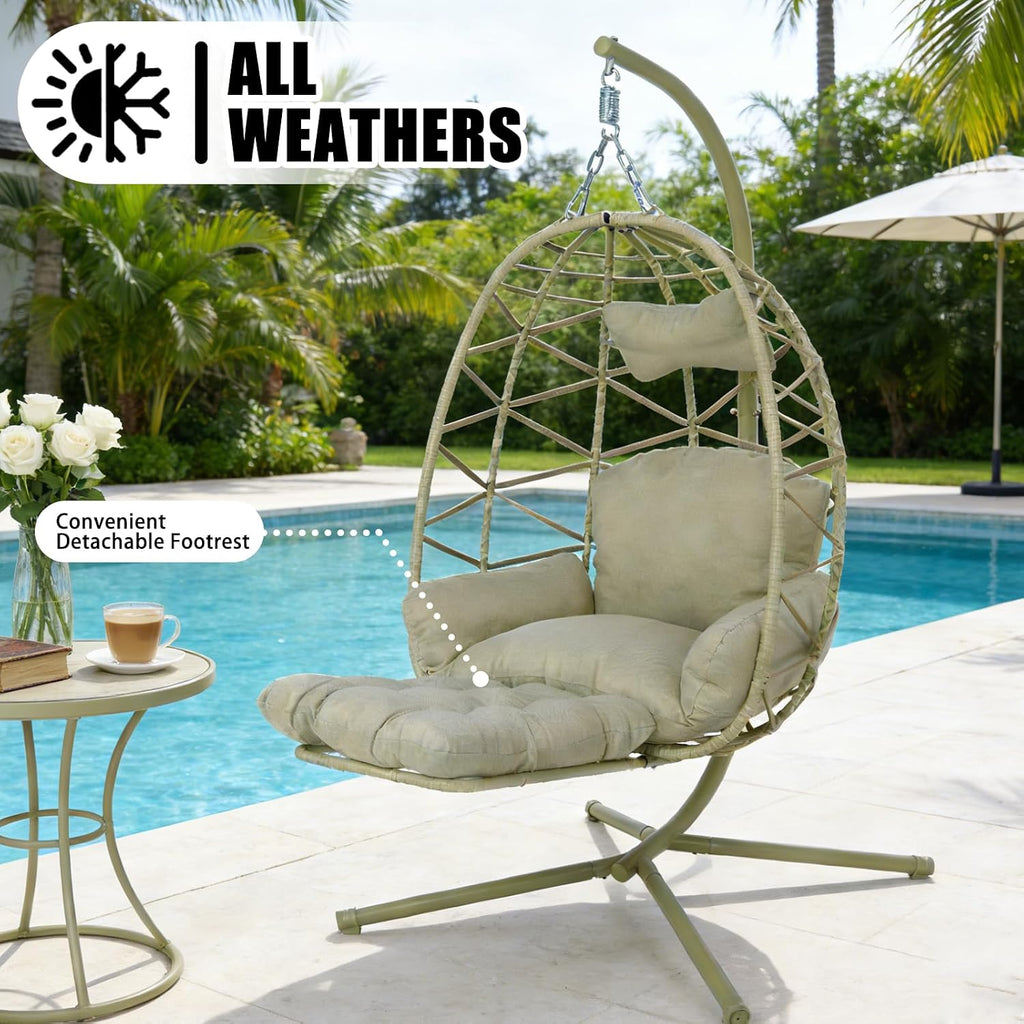 Hanging Egg Chair with Stand & Leg Rest,Rattan Wicker Swing Chair with Cushion,Patio Basket Hanging Chair Wicker Hammock Chair for Indoor Outdoor Bedroom Garden,300LBS (Coffee Rattan&Coffee Cushion)