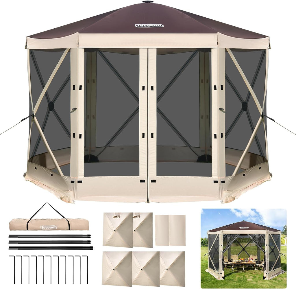 Tecoom 6 Side Pop Up Gazebo Tent, 10x10ft Waterproof Instant Screen with Mosquito Netting, Portable Outdoor Canopy with 4 Removable Wind Cloths, Sun Shelter for Camping, Garden and Picnics, Khaki