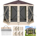 Tecoom 6 Side Pop Up Gazebo Tent, 10x10ft Waterproof Instant Screen with Mosquito Netting, Portable Outdoor Canopy with 4 Removable Wind Cloths, Sun Shelter for Camping, Garden and Picnics, Khaki