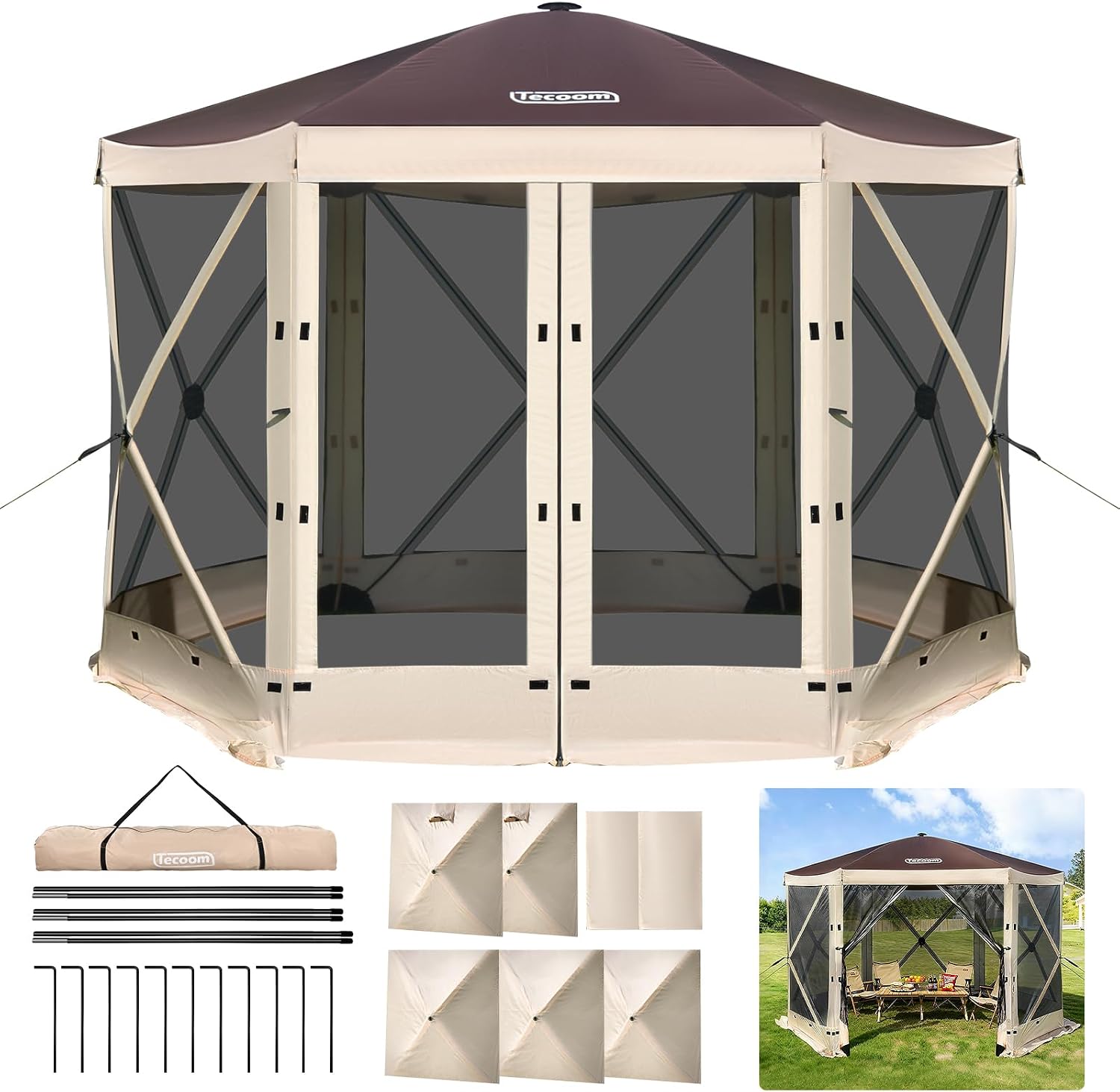 Tecoom 6 Side Pop Up Gazebo Tent, 10x10ft Waterproof Instant Screen with Mosquito Netting, Portable Outdoor Canopy with 4 Removable Wind Cloths, Sun Shelter for Camping, Garden and Picnics, Khaki