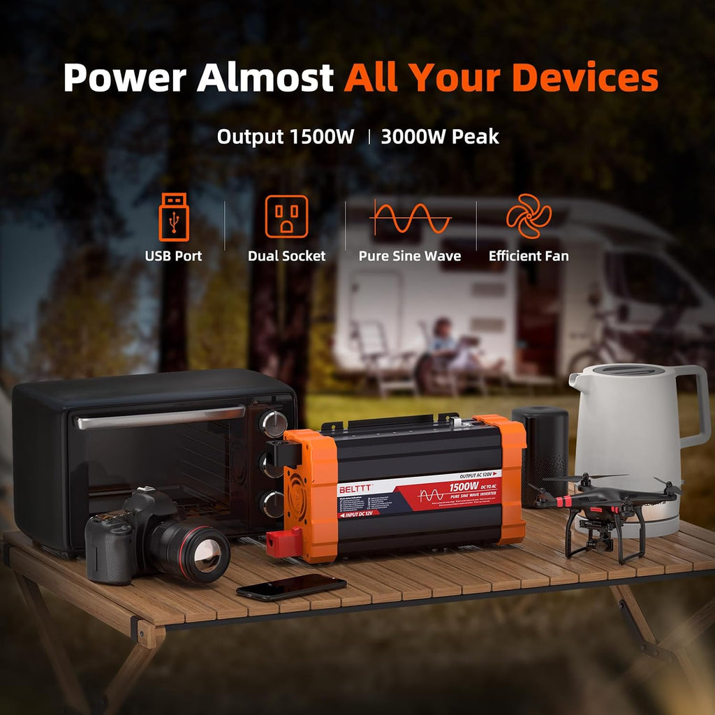 BELTTT 1500W Pure Sine Wave Inverter 12V to 120V AC, Inverter 12V to 110V Converter for Solar, Off-Grid, RV, Truck, Power Inverter with Dual AC Socket, 5V 2.1A USB, Surge 3000W, Smart LCD Display
