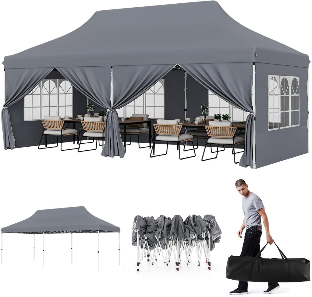 HAPPYGRILL 10x20 Pop Up Canopy Tent with Detachable Sidewalls, Waterproof UPF 50+ Outdoor Instant Gazebo Shelter with Carry Bag for Party Wedding Patio Garden, Grey