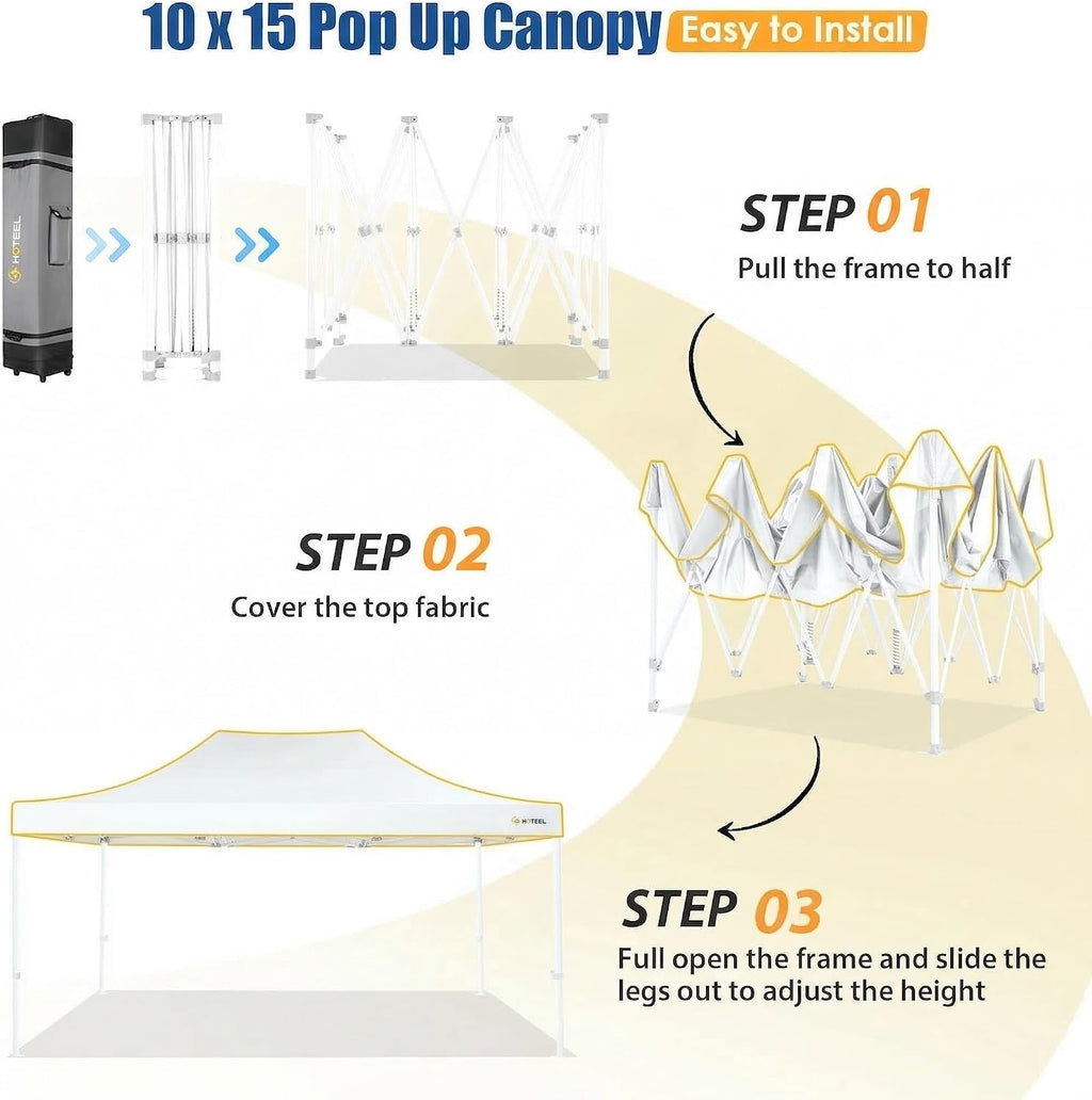 HOTEEL 10x15 Heavy Duty Pop up Canopy Tent for Parties Without Sidewalls, Easy Setup Outdoor Commercial Instant Gazebo for Wedding Event, with Roller Bag & Sand Bags, White(Hexagonal Frame)