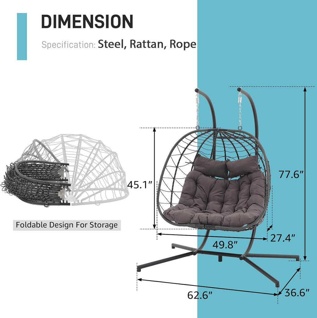 Patiorama 2 Person Double Egg Swing Chair with Stand Indoor Outdoor, Patio Wicker Rattan Hanging Egg Chair w/Cushion, Pillow, Foldable Hammock Chair 550lbs for Bedroom, Balcony, Garden (Dark Grey)