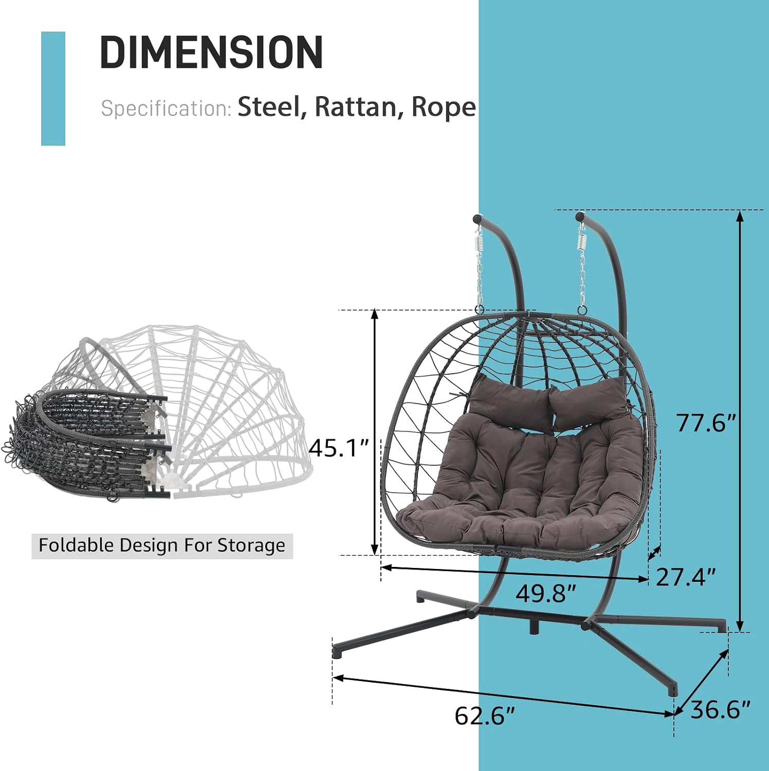 Patiorama 2 Person Double Egg Swing Chair with Stand Indoor Outdoor, Patio Wicker Rattan Hanging Egg Chair w/Cushion, Pillow, Foldable Hammock Chair 550lbs for Bedroom, Balcony, Garden (Dark Grey)