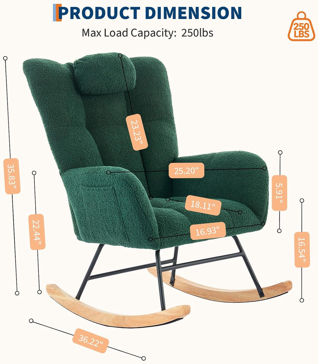 Nursery Rocking Chair,300Lb Glider Chair with Wood Legs/Two Side Pockets,Teddy Upholstered Glider Rocker with Padded Seat High Backrest for Living Room/Bedroom/Nursery
