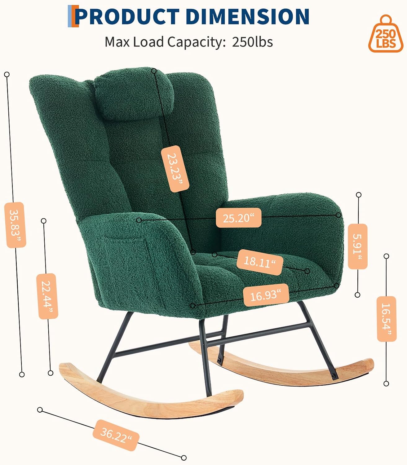 Nursery Rocking Chair,300Lb Glider Chair with Wood Legs/Two Side Pockets,Teddy Upholstered Glider Rocker with Padded Seat High Backrest for Living Room/Bedroom/Nursery