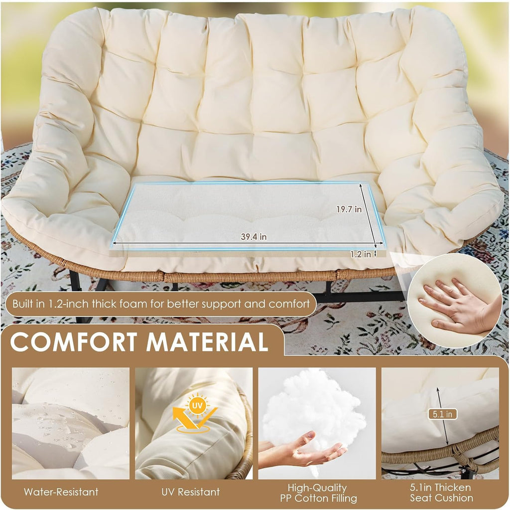 RADIATA Double Egg Rocking Chair with Ottomans, Heavy Duty Papasan Lounger Chairs with Comfy Cushion and Footrest, 2 Person Indoor Outdoor Rocker Loveseat for Patio Balcony Backyard, Beige