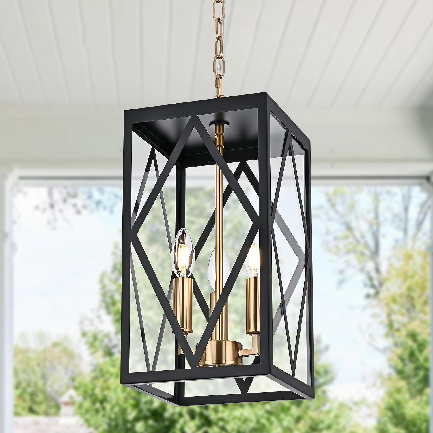 15.7'' Outdoor Pendant Light Black Brass, Exterior Ceiling Hanging Lantern Porch Light with Clear Glass, Outdoor Hanging Lantern Lighting Exterior Pendant Lighting Fixture for Porch, Gazebo