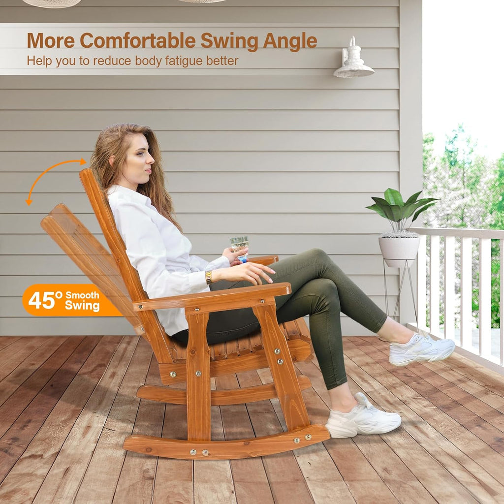 VINGLI Outdoor Rocking Chair Set of 2, Heavy Duty 600 LBS Wooden Rocking Chair with Comfortable Backrest, Weatherproof Rocker with Ergonomic Design, Suit for Patio, Garden, Yard, Teak