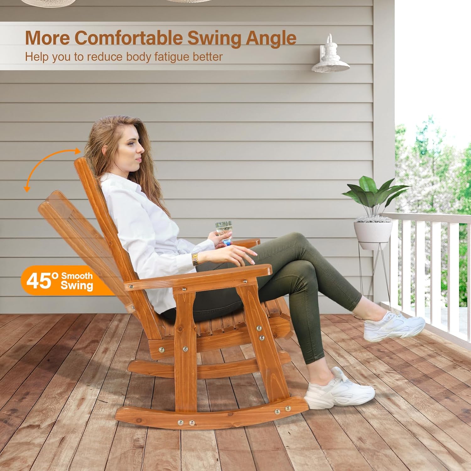 VINGLI Outdoor Rocking Chair, Heavy Duty 600 LBS Wooden Rocking Bench with Comfortable Backrest, Weatherproof Patio Rocker with Ergonomic Design, Wood Rocking Chair for Patio, Garden (Teak, 2 PCS)