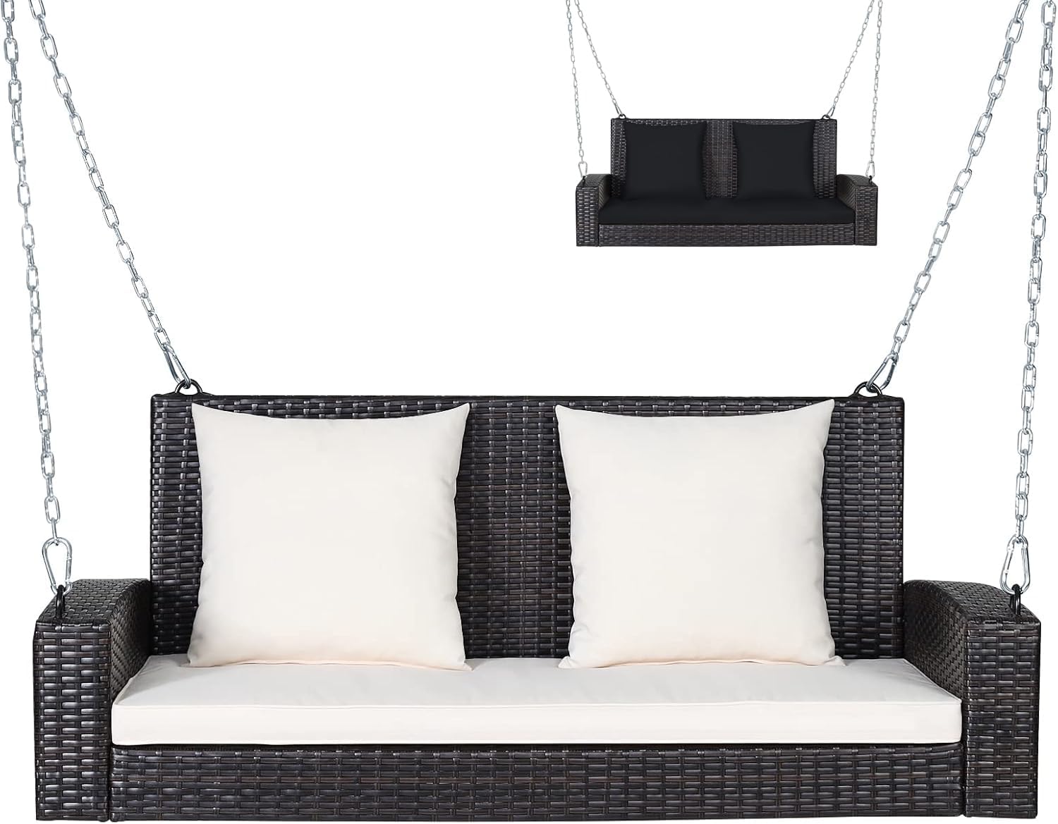 RELAX4LIFE 2-Seat Rattan Porch Swing, Wicker Outdoor Swings w/7.9 Ft Solid Metal Chain, Back & Seat Cushions for Garden Backyard, 800LBS Max Load, 2-Person Patio Swing, Beige & Black Cushion Covers