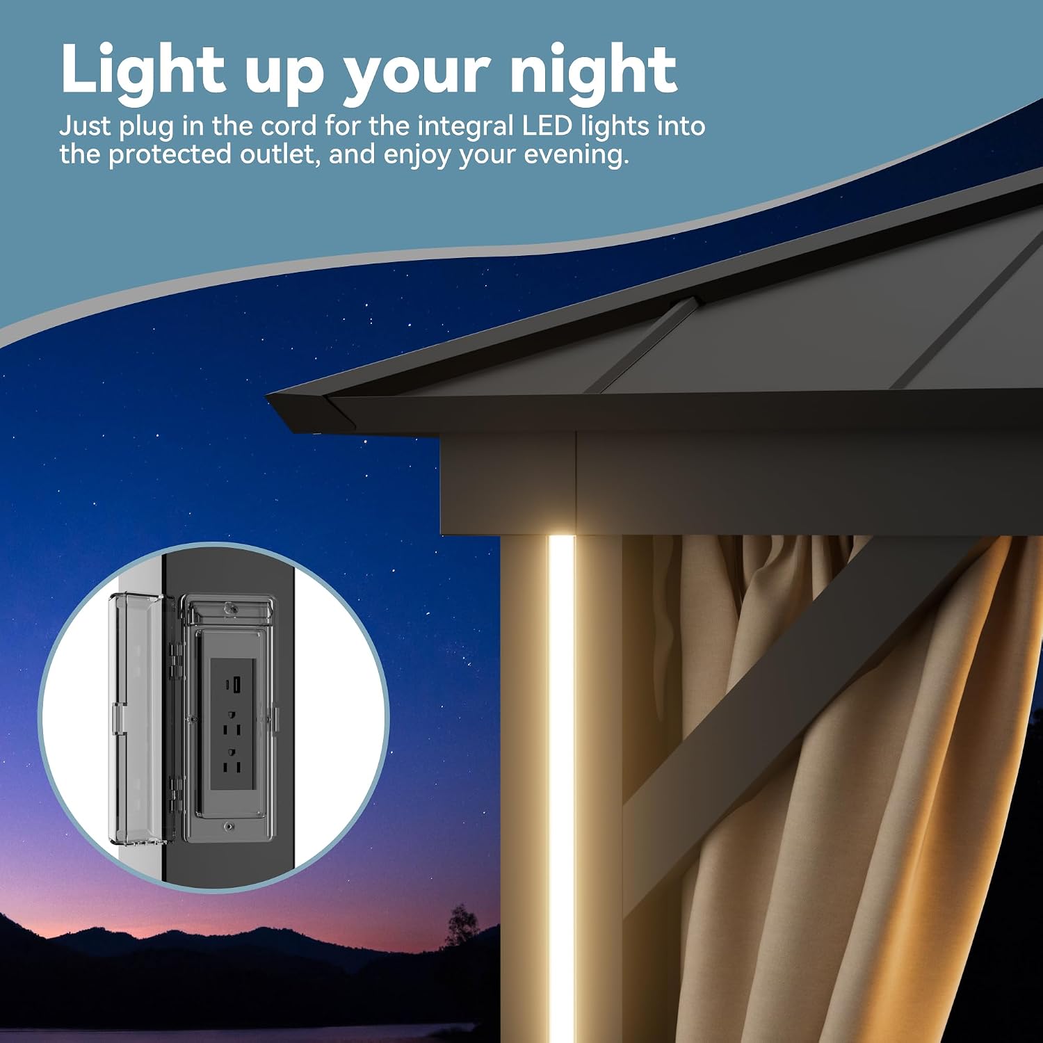 Big Leaf 10' x 12' Hardtop Gazebo with LED Strip Lights – Galvanized Steel Double Roof, USB and USB-C connectors, Mosquito Netting and Curtains – Outdoor Metal Gazebo for Decks and Backyards, Black