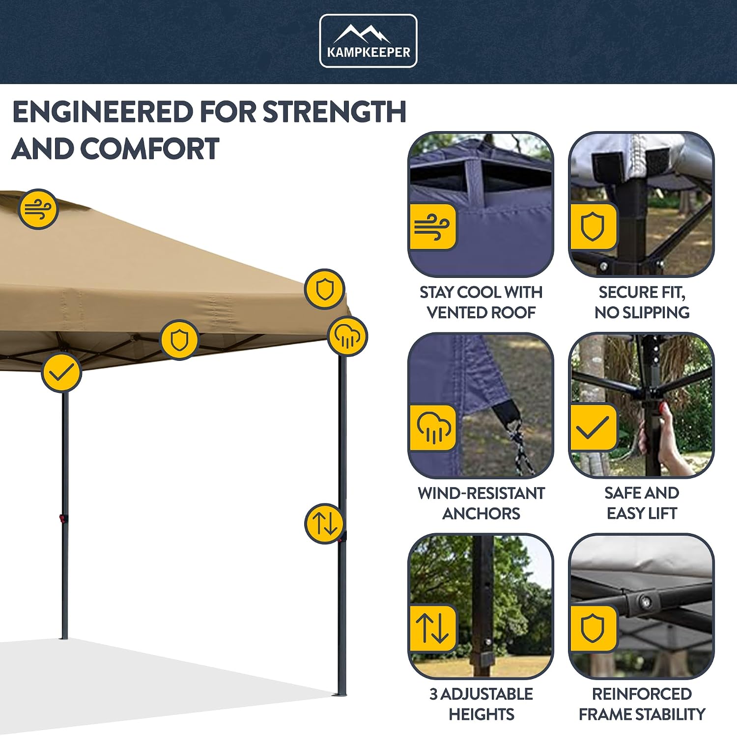 KAMPKEEPER 10x10 Pop-Up Canopy Tent, Waterproof, Portable Shade with Side Walls, Adjustable Instant Outdoor Shelter for Camping, Backyard, and Events, Khaki
