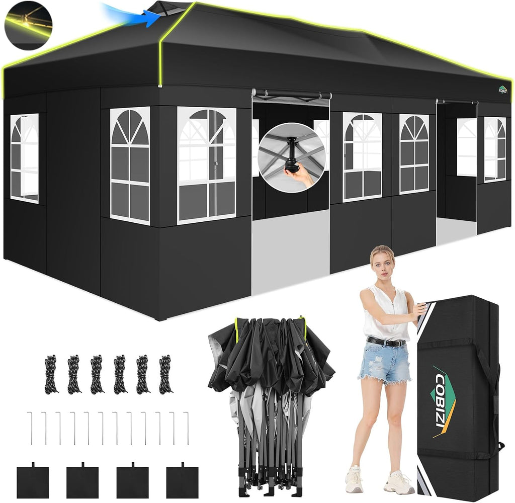 COBIZI 10x20 Pop Up Canopy Tent, Outdoor Party Tent with 6 Sidewall One Push Setup Glow, 3 Adjustable Height Air Vent Waterproof UPF50+, Bag, 4 Sandbag, 6 Stake, 12 Rope for Beach, Commercial