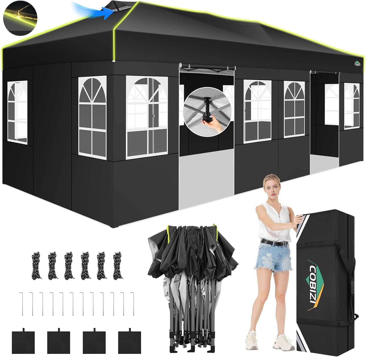 COBIZI 10x20 Pop Up Canopy Tent, Outdoor Party Tent with 6 Sidewall One Push Setup Glow, 3 Adjustable Height Air Vent Waterproof UPF50+, Bag, 4 Sandbag, 6 Stake, 12 Rope for Beach, Commercial