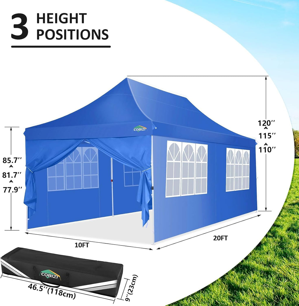 COBIZI 10x20ft Pop Up Canopy Tent with 6 Removable Sidewalls, Easy Up Commercial Canopy, Waterproof and UV50+ Gazebo with Portable Bag, Adjustable Leg Heights,Party Tents for Parties, with 4 Sandbags