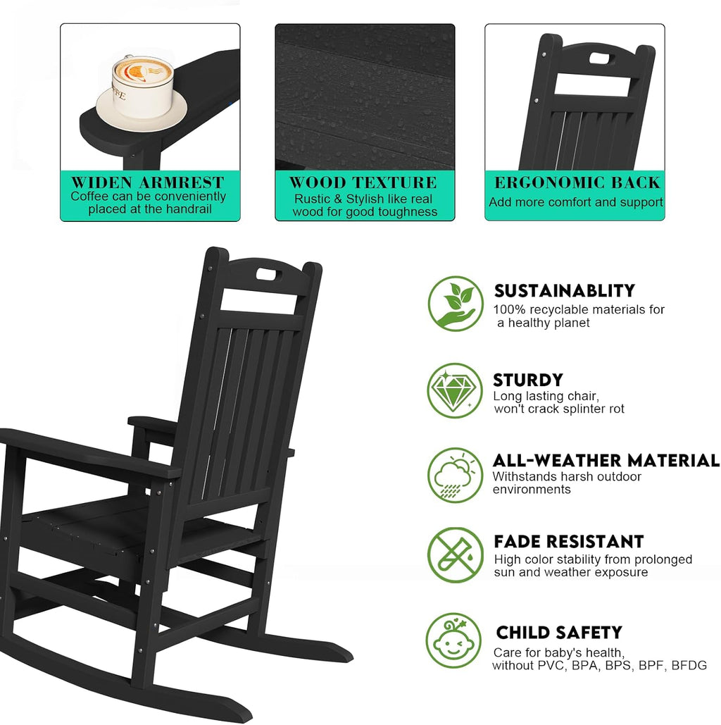 PLUUV Outdoor Rocking Chair, HDPE Patio Rocking Chairs with Footboard, All Weather Porch Rockers Outdoor for Adult, Effortless Installation, Black