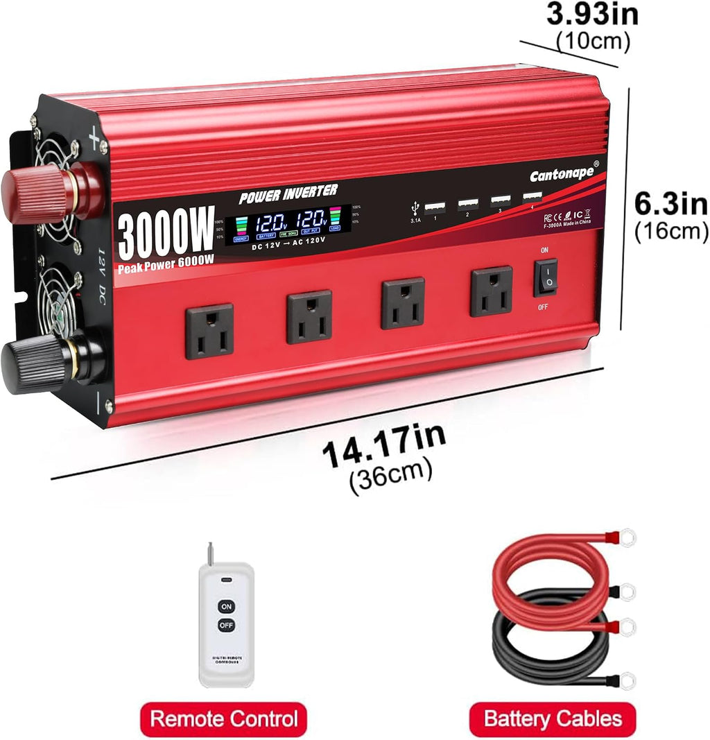 Cantonape 3000W Power Inverter 12V to 110V/120V DC to AC with LCD Display, Remote Controller 4 x AC Outlets and 4 x 3.1A USB Car Adapter for Car Truck Boat RV Solar System