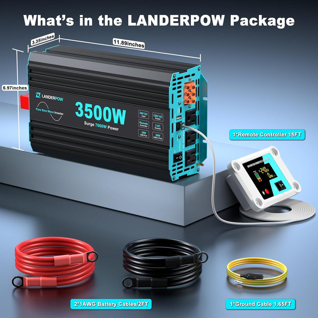3500W Pure Sine Wave Inverter 24V DC to 120V AC for RV, Truck, Home, Off-Grid, Solar Power Inverter with 3 AC Outlet, 30W Type-C, 5V/3.1A USB, Hardwire Port, 15FT Remote Control, Surge 7000W