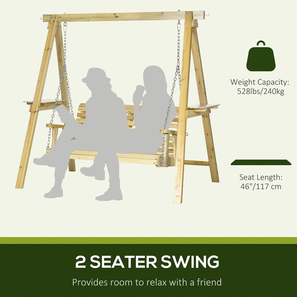 Outsunny 2-Seat orch Swing with Stand, Wooden Patio Swing Chair with Side Tables and Metal Chains, Outdoor Hanging Bench for Garden, Poolside, Backyard, Natural Wood