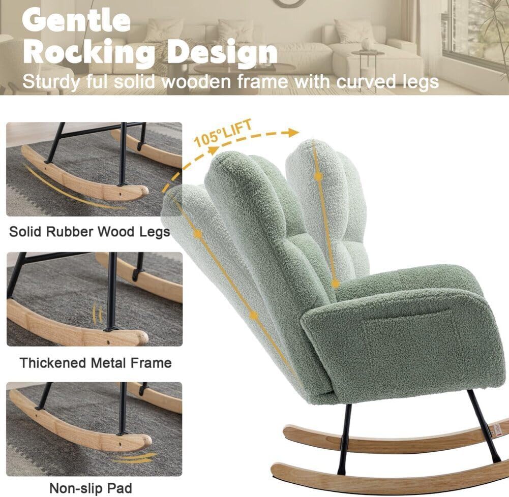 Nursery Rocking Chair Teddy Upholstered Glider Rocker Rocker Accent Chair with High Backrest Armchair Comfy Side Pocket Modern Rocking Accent Chairs for Living Room, Nursery, Office-Green
