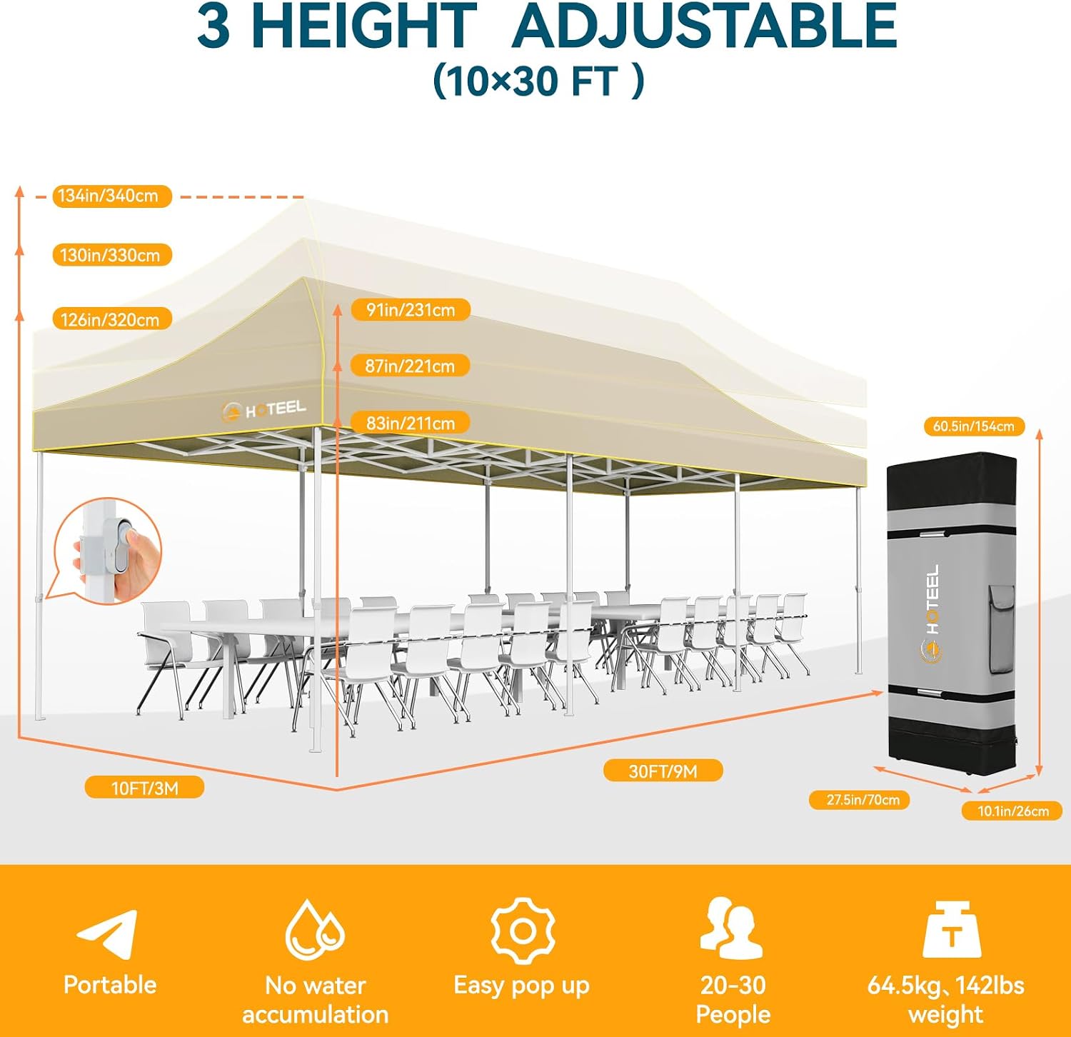 Hoteel 10x30 Pop Up Canopy Heavy Duty Without Sidewall, Waterproof Outdoor Event Tents, Easy Set-up Instant Tent with Hand Bag, Rope & Nail, Hexagonal Leg (1-Year Warranty,Upgrade)